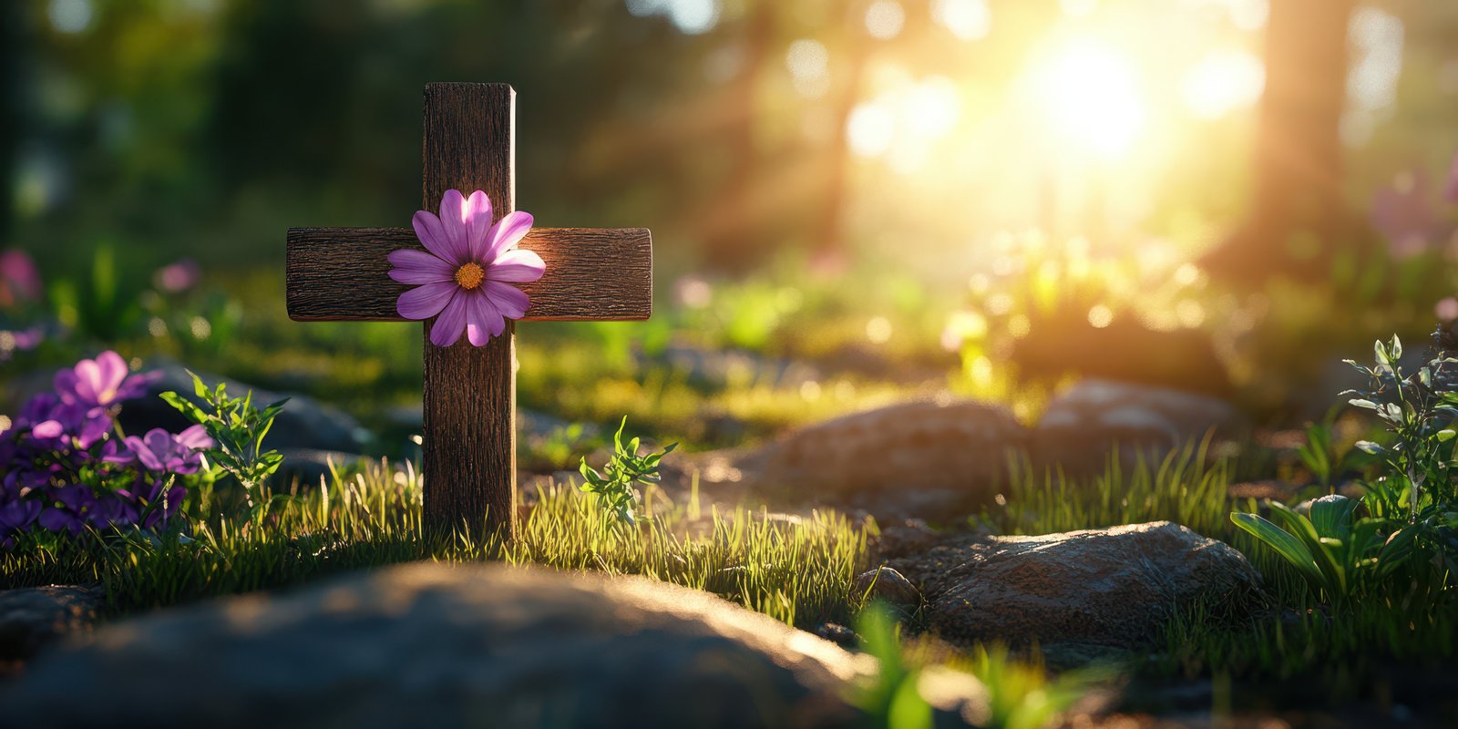 Peaceful memorial with a wooden cross and blooming flowers in a serene forest setting at sunset
